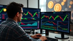 Cryptocurrency trader analyzing Bitcoin charts on multiple screens with technical indicators displayed, professional trading desk environment with blockchain data visualization in background