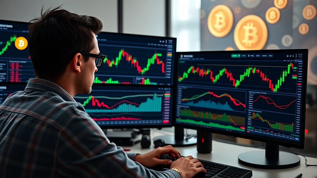 Cryptocurrency trader analyzing Bitcoin charts on multiple screens with technical indicators displayed, professional trading desk environment with blockchain data visualization in background