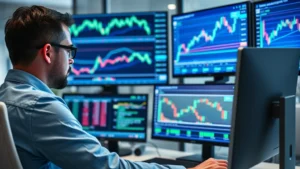 Professional cryptocurrency analyst studying Bitcoin charts and moving averages on multiple digital screens in a modern trading office, with blue and green data visualizations
