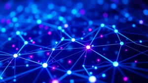 Photorealistic digital visualization of Bitcoin blockchain network nodes glowing in blue and purple, interconnected lines showing data flow, abstract cryptocurrency technology background without text