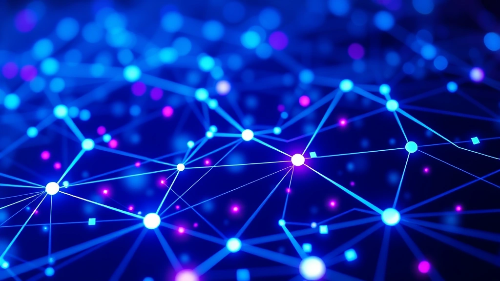 Photorealistic digital visualization of Bitcoin blockchain network nodes glowing in blue and purple, interconnected lines showing data flow, abstract cryptocurrency technology background without text