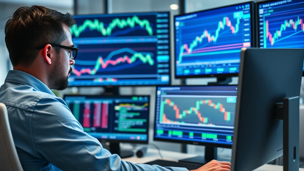 Professional cryptocurrency analyst studying Bitcoin charts and moving averages on multiple digital screens in a modern trading office, with blue and green data visualizations