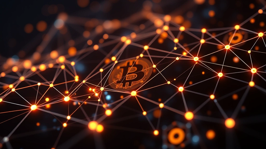 Digital blockchain network visualization with nodes and connections representing Bitcoin's distributed ledger, cryptocurrency market data flowing through network pathways, professional fintech aesthetic
