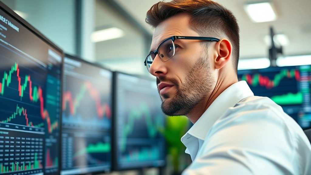 Closeup of professional cryptocurrency trader analyzing charts on multiple monitors in modern office, focused expression, trading dashboard visible but no readable text or numbers on screens