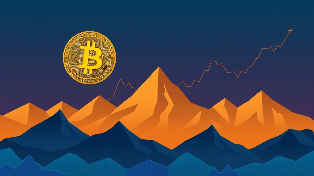 Bitcoin coin floating above digital landscape with mountain peaks and valley formations, representing market cycles and price volatility, abstract financial charts and moving average lines in minimalist style