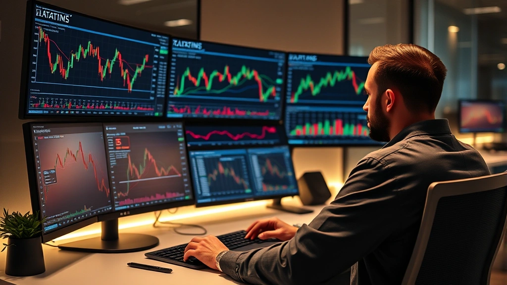 Cryptocurrency trader monitoring multiple screens with Bitcoin charts and technical analysis indicators, modern trading desk setup with financial data displays, professional analytical environment