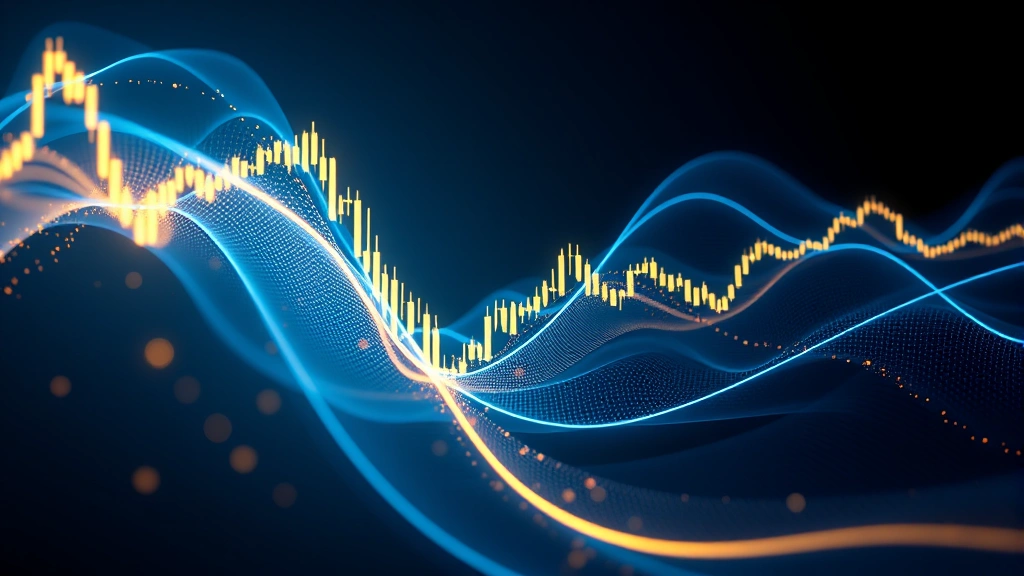Abstract representation of Bitcoin price movement as flowing waves of light and energy, candlestick pattern visualization, ethereal blue and gold colors, no numerical data or labels visible