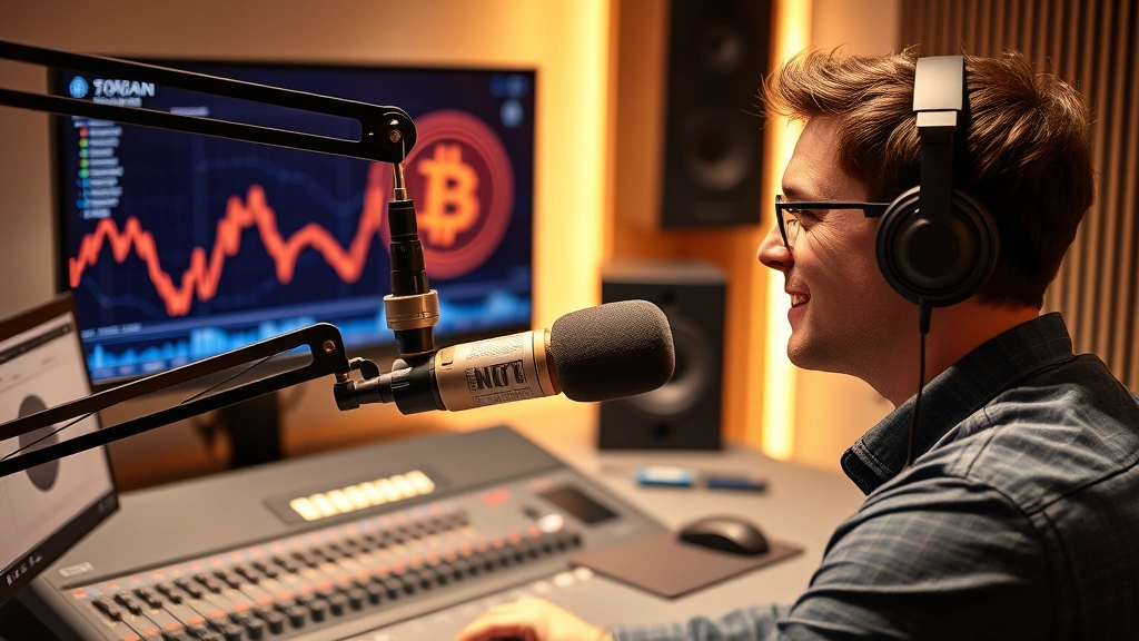Professional podcast studio setup with microphone, headphones, and mixing console, modern minimalist design, person wearing headphones listening intently, warm studio lighting, cryptocurrency blockchain visualization on monitor in background, photorealistic high quality