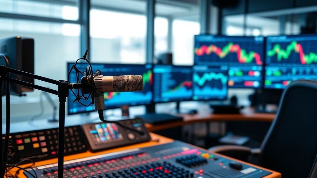 Professional podcast studio setup with microphone, headphones, and mixing console in modern crypto office environment with Bitcoin charts on monitors in background