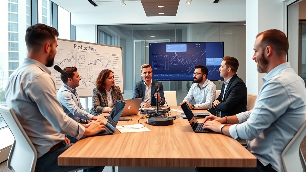 Diverse group of cryptocurrency professionals and podcast hosts having discussion in modern conference room with blockchain diagrams on whiteboard and laptop displays