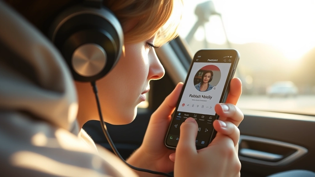 Close-up of podcast listener wearing headphones during morning commute, holding smartphone with podcast app open, natural daylight through car window