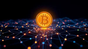 Glowing Bitcoin coin floating above digital blockchain network nodes with flowing data streams and interconnected light lines on dark blue background