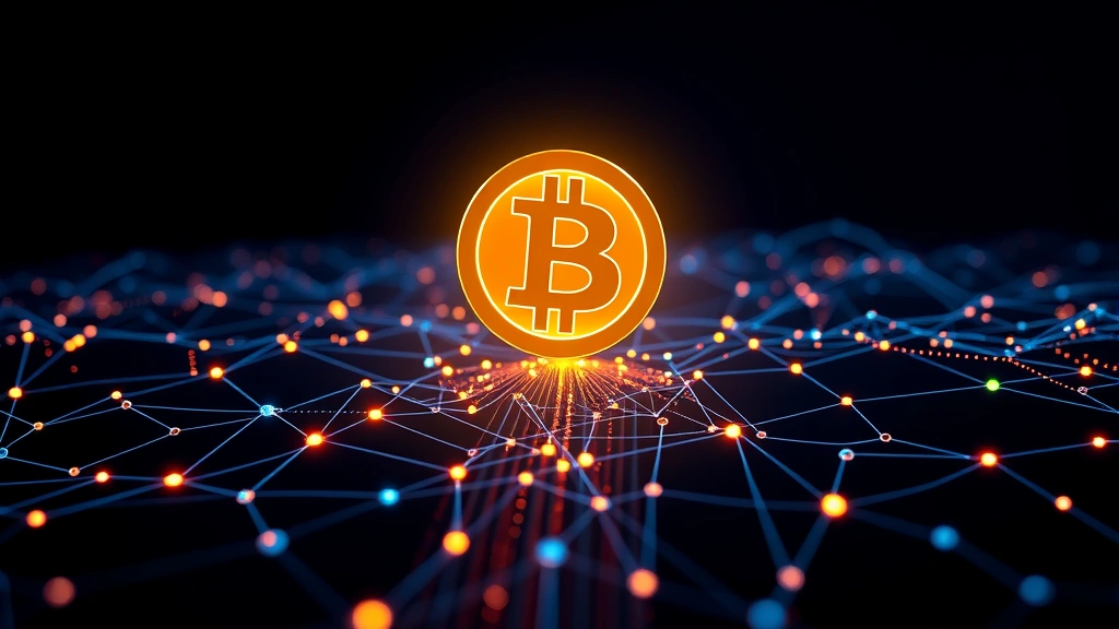 Glowing Bitcoin coin floating above digital blockchain network nodes with flowing data streams and interconnected light lines on dark blue background