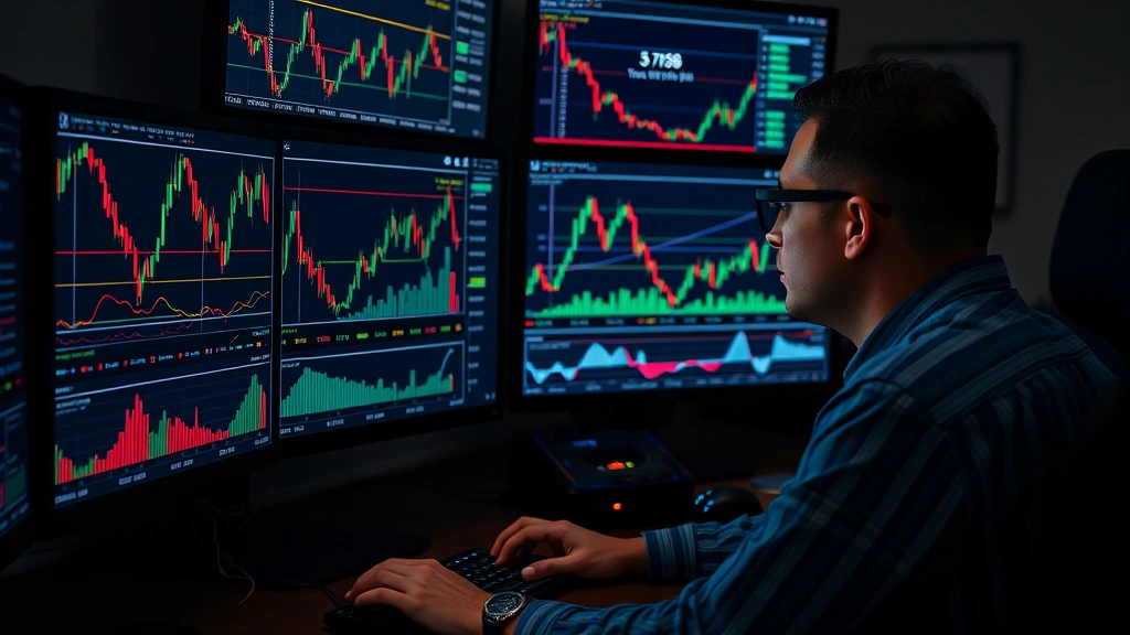 Cryptocurrency trader analyzing logarithmic price charts on multiple monitors displaying Bitcoin candlestick patterns and mathematical equations