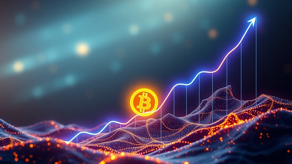 Abstract visualization of exponential growth curve with Bitcoin symbol, showing upward trajectory through digital landscape with neon blue and gold colors
