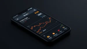 Photorealistic image of a smartphone displaying cryptocurrency price charts and notification badges with bright alert indicators, Bitcoin symbol visible on screen, modern minimalist design, dark mode interface, no text or numbers visible