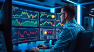 Professional cryptocurrency analyst reviewing Bitcoin market charts on multiple high-resolution monitors in modern trading room with ambient blue lighting, displaying real-time price data visualization