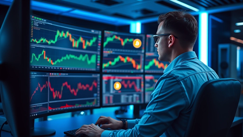 Professional cryptocurrency analyst reviewing Bitcoin market charts on multiple high-resolution monitors in modern trading room with ambient blue lighting, displaying real-time price data visualization