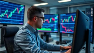 Photorealistic image of a professional trader analyzing Bitcoin price charts on multiple monitors in a modern trading room, with blue and green candlestick patterns visible on screens, cryptocurrency market data displayed, professional office environment