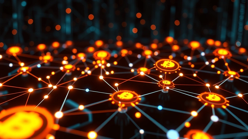 Futuristic Bitcoin network nodes connected through glowing digital pathways representing blockchain technology