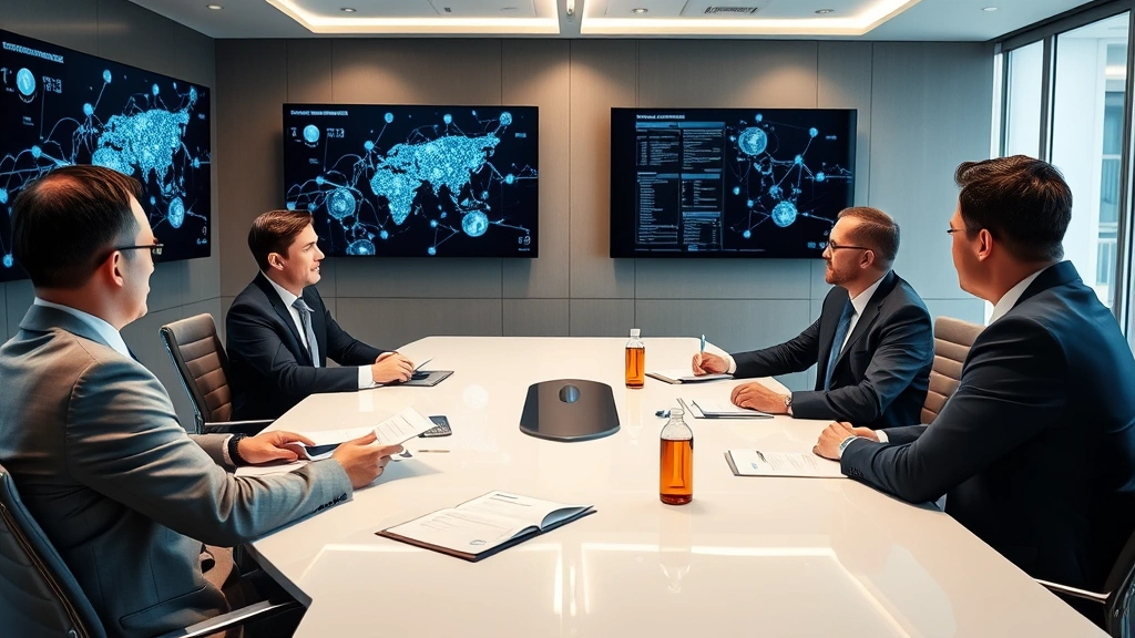 Institutional investors in formal business attire conducting cryptocurrency portfolio strategy meeting in contemporary conference room with blockchain network visualization displayed on wall screens