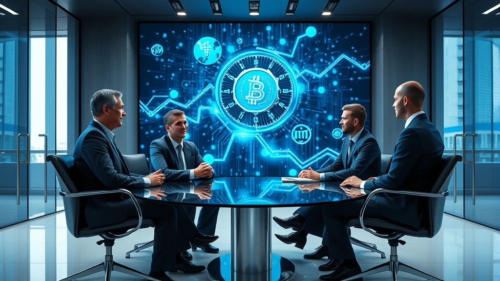 Photorealistic image of institutional investment bankers in a sleek conference room discussing blockchain technology and digital assets, modern architectural design, professional business attire, collaborative meeting atmosphere with abstract blockchain visualization in background