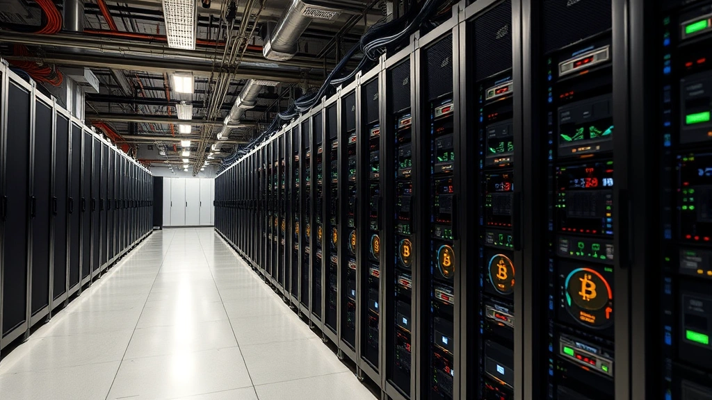 Bitcoin mining operation with rows of specialized computing equipment in industrial facility, showcasing the technological infrastructure supporting cryptocurrency network security and transaction processing