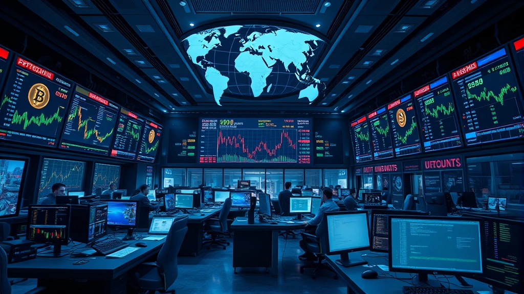 Photorealistic image of a global cryptocurrency exchange trading floor with sophisticated computer systems, multiple traders monitoring markets, digital displays showing price movements, blockchain nodes visualization, professional financial environment with global connectivity symbols