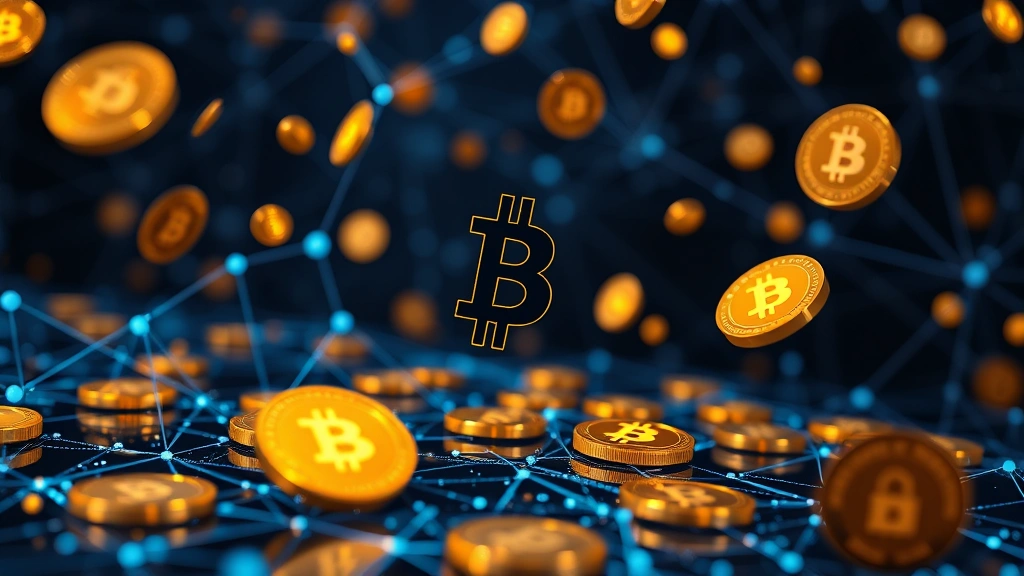 Digital cryptocurrency coins floating in blockchain network space with secure encryption