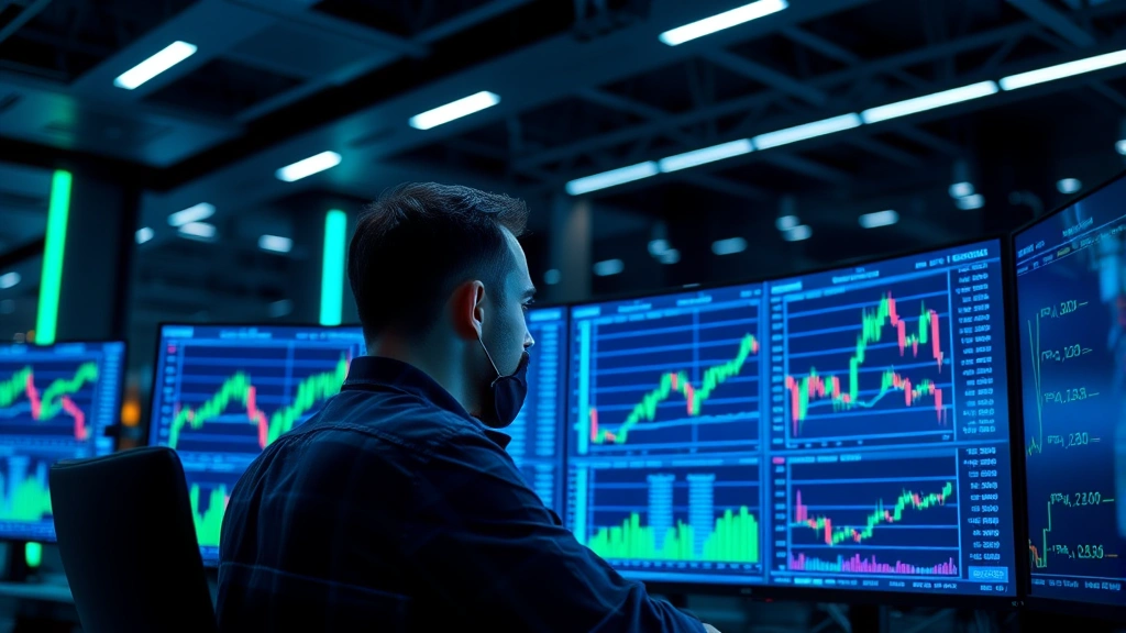 A professional cryptocurrency trader analyzing Bitcoin charts on multiple monitors in a modern trading floor, with blockchain network visualizations and candlestick charts displayed, photorealistic high-resolution image, blue and green accent lighting