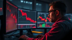 Photorealistic image of a cryptocurrency trader staring at multiple computer monitors displaying red declining price charts and market data, dramatic lighting emphasizing market stress and financial tension