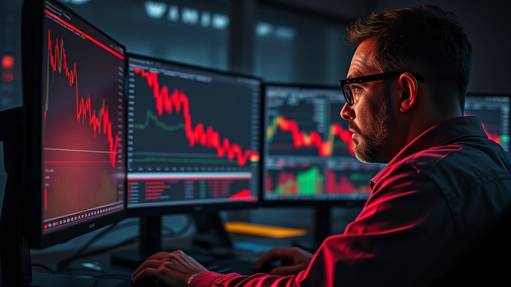Photorealistic image of a cryptocurrency trader staring at multiple computer monitors displaying red declining price charts and market data, dramatic lighting emphasizing market stress and financial tension