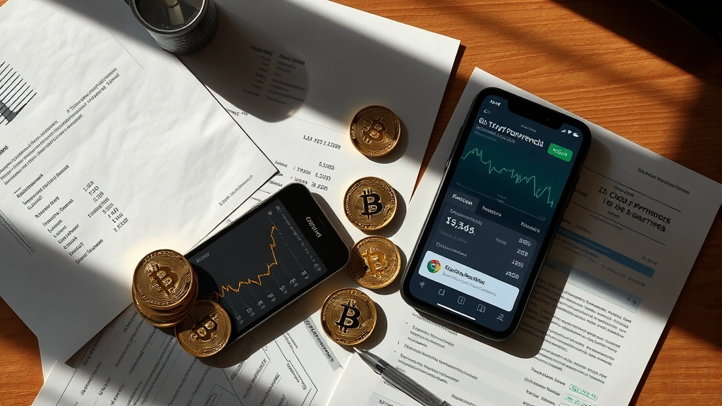 Photorealistic overhead view of financial documents, bitcoin coins, and a smartphone showing cryptocurrency portfolio losses, scattered across a wooden desk with dramatic shadows