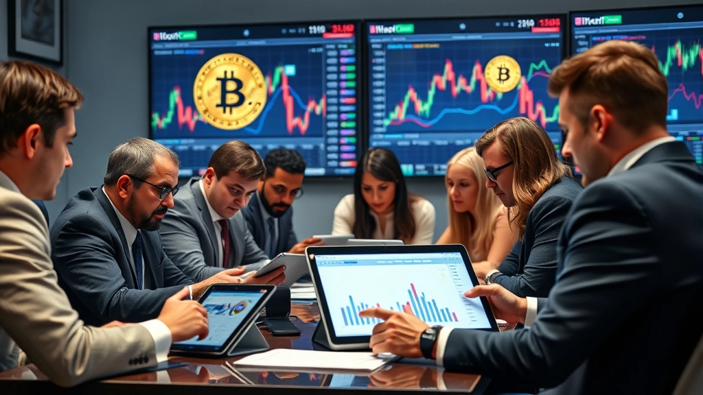 A diverse group of investors reviewing financial data on tablets and computers during a market analysis meeting, with Bitcoin and cryptocurrency elements integrated into the background displays, photorealistic professional setting
