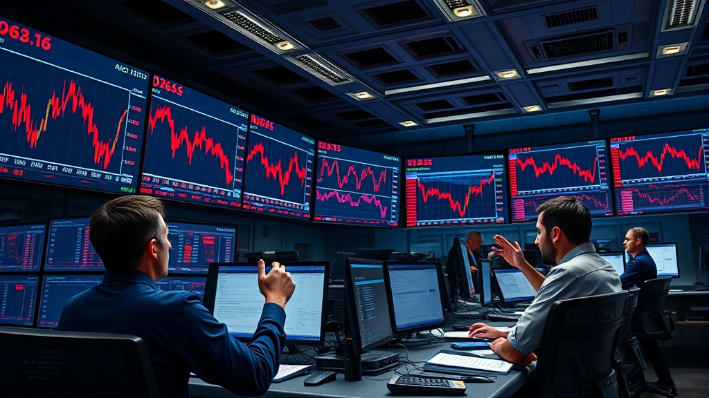 Photorealistic image of a modern trading floor with multiple screens showing bitcoin and cryptocurrency markets in turmoil, traders gesturing with concern, red candlestick charts dominating displays