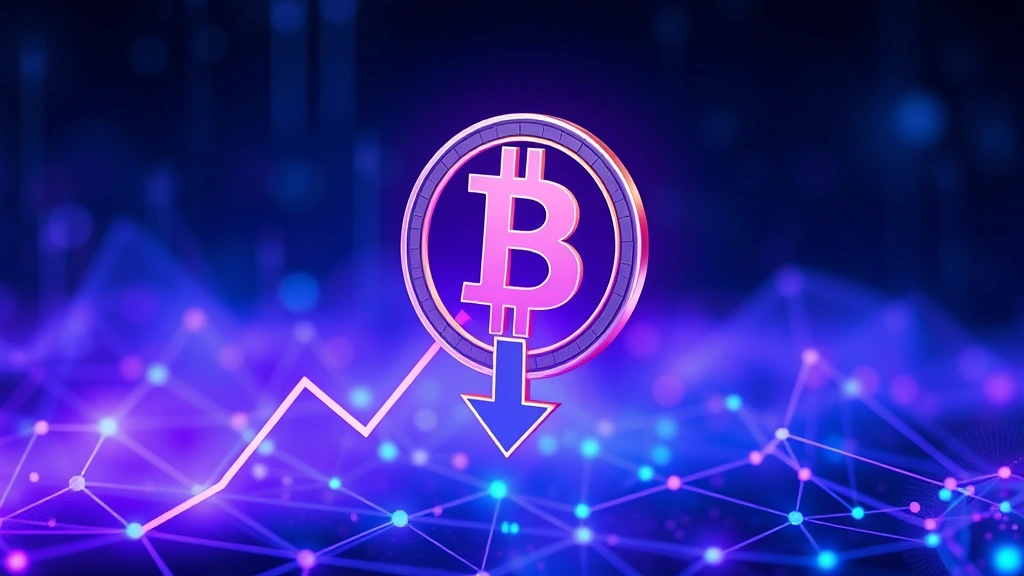 Digital Bitcoin symbol with downward trending arrow, holographic blue and purple lighting, abstract blockchain network background, cinematic depth of field, professional financial visualization style