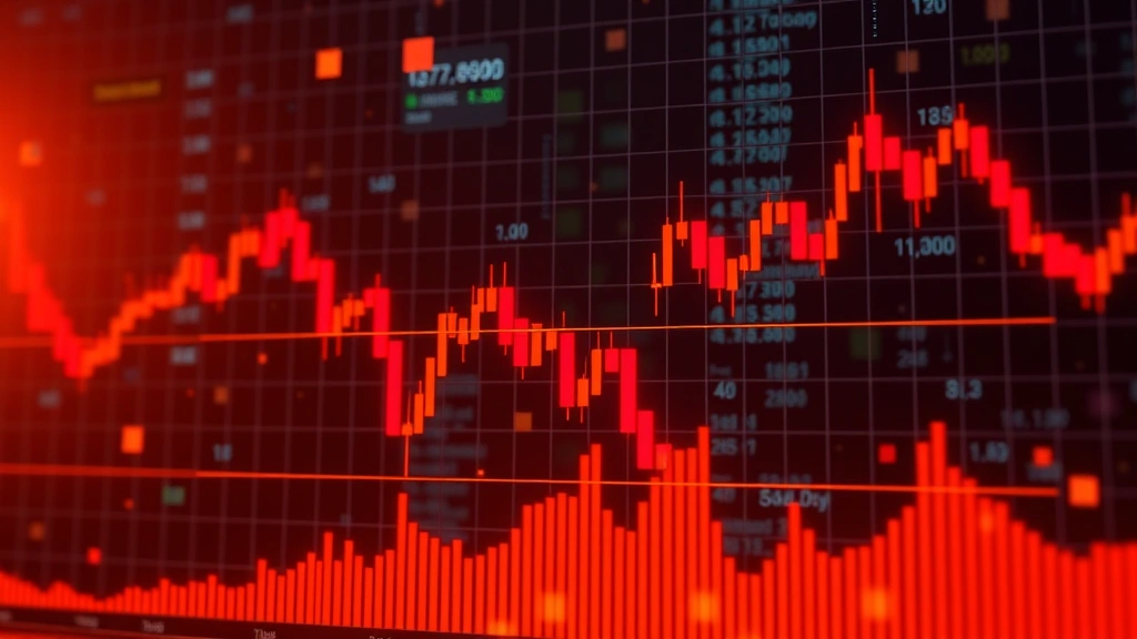 Dramatic cryptocurrency market chart showing Bitcoin declining with red candlesticks and downward trending lines, digital blockchain network visualization in background, professional trading environment aesthetic, photorealistic