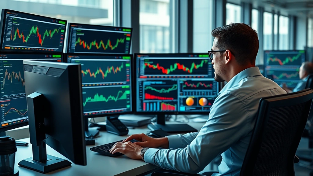 Cryptocurrency analyst reviewing multiple data screens in modern office, studying charts and market data, surrounded by blockchain network visualizations, professional environment, natural lighting
