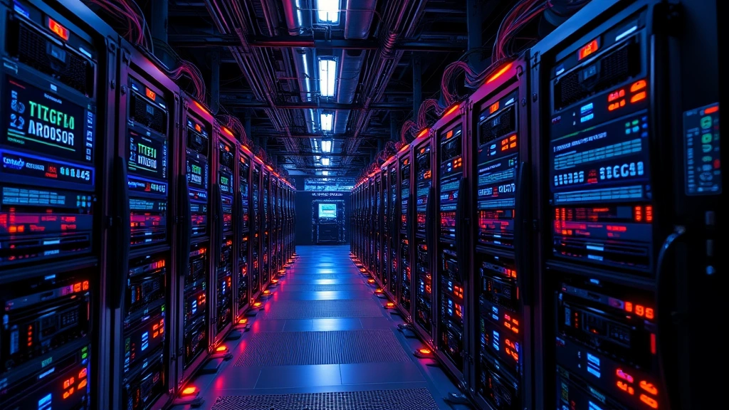 Bitcoin mining facility with rows of ASIC miners operating, blue and amber lighting illuminating equipment, blockchain data streams visible on displays, industrial crypto infrastructure setting, photorealistic