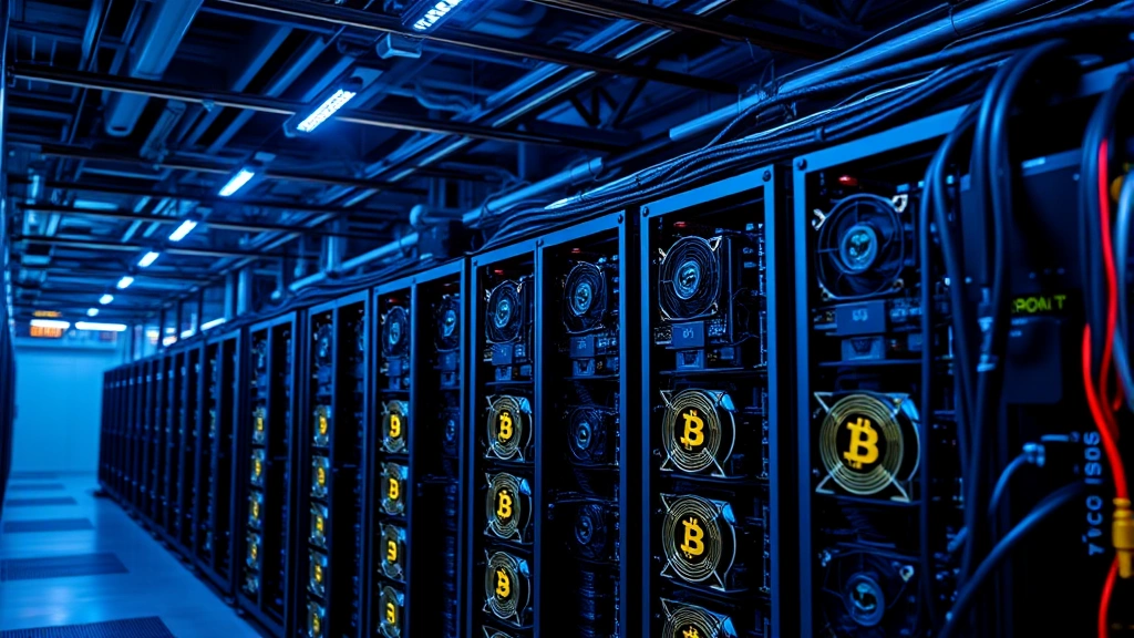 Bitcoin mining operation with powerful computer hardware, rows of mining rigs with cooling systems, blue LED lighting, industrial facility atmosphere, demonstrating cryptocurrency infrastructure