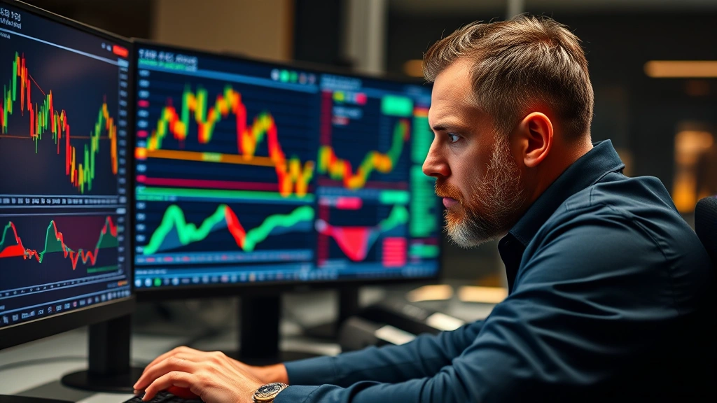 Cryptocurrency trader analyzing multiple Bitcoin charts on trading terminal screens, complex technical analysis with moving averages and indicators visible, intense focus expression, professional trading desk environment, photorealistic