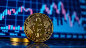 Photorealistic image of a Bitcoin physical coin displayed on a digital trading screen with ascending price chart in background, professional financial setting with cool blue lighting, high-resolution macro photography