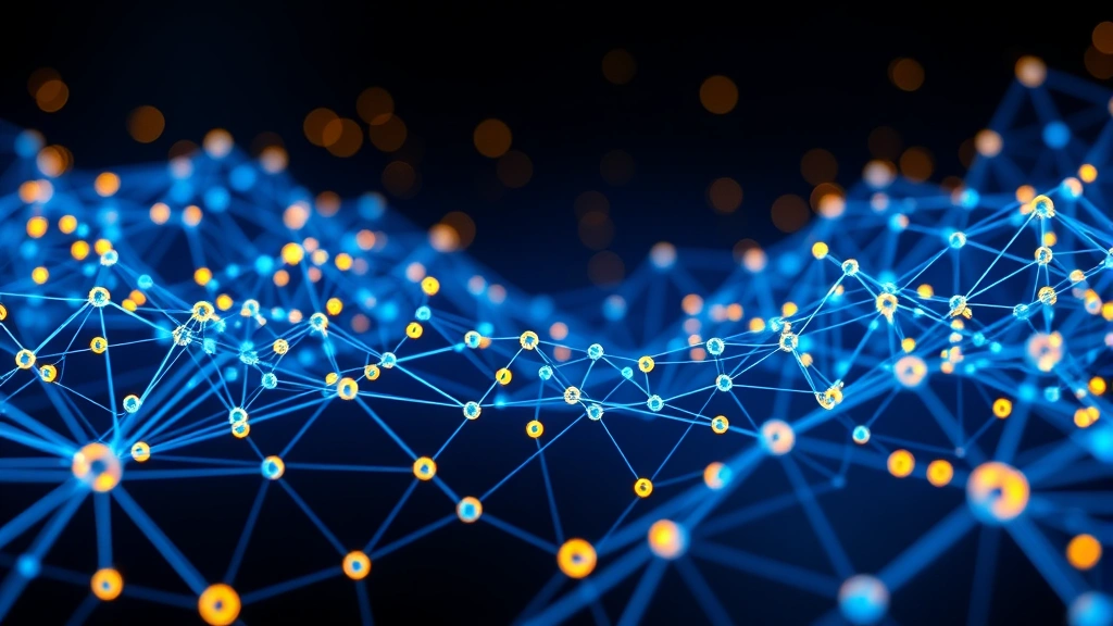 Photorealistic Bitcoin blockchain network visualization with interconnected nodes glowing blue and gold, representing institutional adoption and market infrastructure development in 2019, modern fintech aesthetic