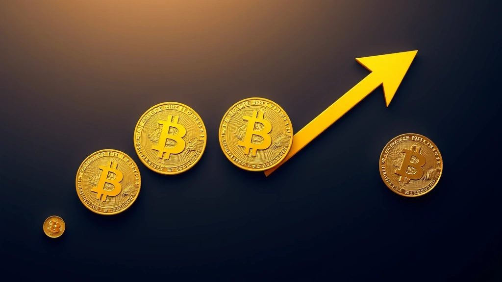 Photorealistic image of Bitcoin golden coins arranged in an upward trending arrow pattern against a dark blue gradient background, representing price recovery and market growth momentum
