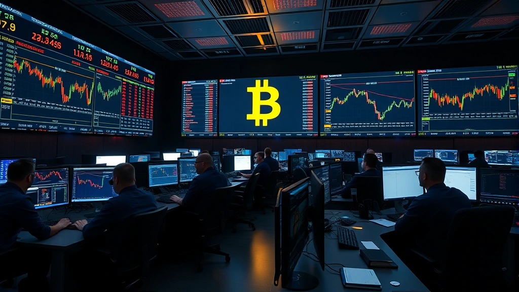 Cryptocurrency trading floor with professional traders monitoring multiple screens displaying Bitcoin charts and market data, representing institutional participation and Bakkt launch in 2019