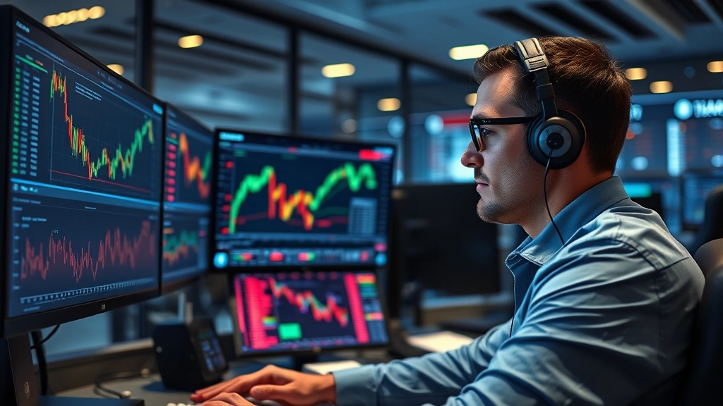 Photorealistic photograph of a professional trader monitoring multiple screens showing cryptocurrency market data and price charts in a modern trading floor environment with ambient lighting