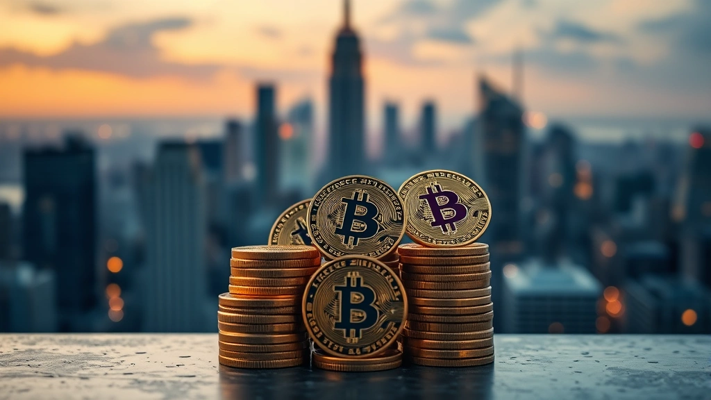 Multiple stacked Bitcoin coins in a pyramid formation against a blurred financial district skyline at dusk, representing institutional adoption and accumulated wealth, cinematic lighting with depth of field