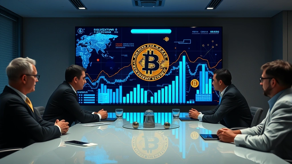 Photorealistic image of institutional investors in a conference room reviewing digital asset allocation strategies, with Bitcoin and blockchain technology visualizations displayed on a large screen