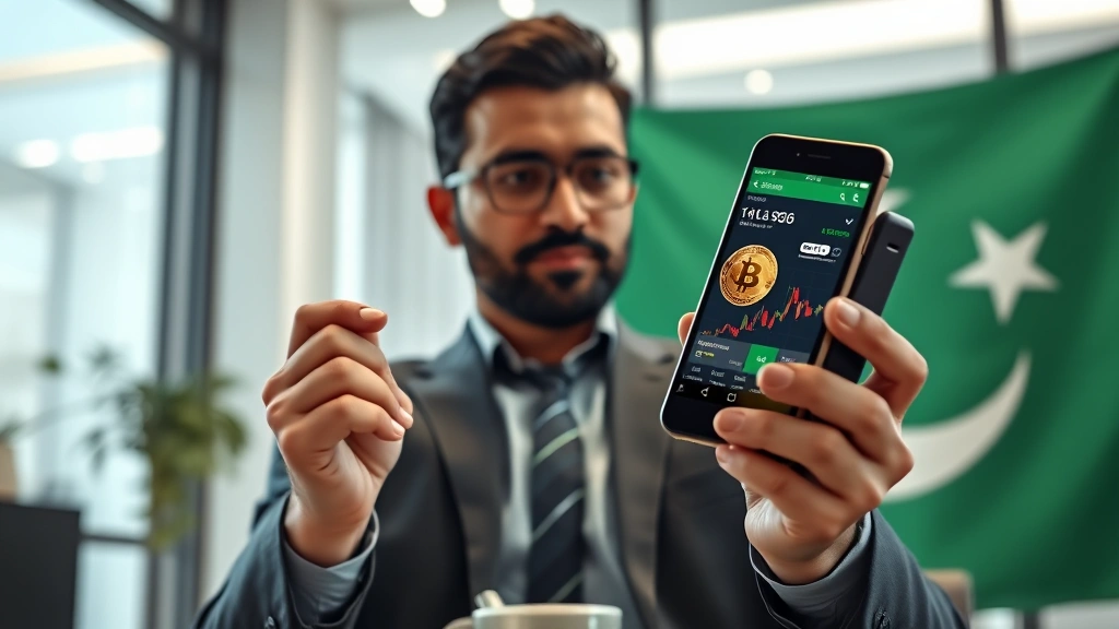 Photorealistic image of Pakistani businessman holding smartphone showing Bitcoin trading interface with Pakistan flag in background, modern office setting, professional attire, focused expression on digital asset transaction
