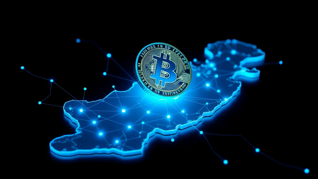 Digital Bitcoin coin floating above a map of Pakistan with glowing blue network connections, photorealistic 3D rendering, dark background, representing cryptocurrency market infrastructure